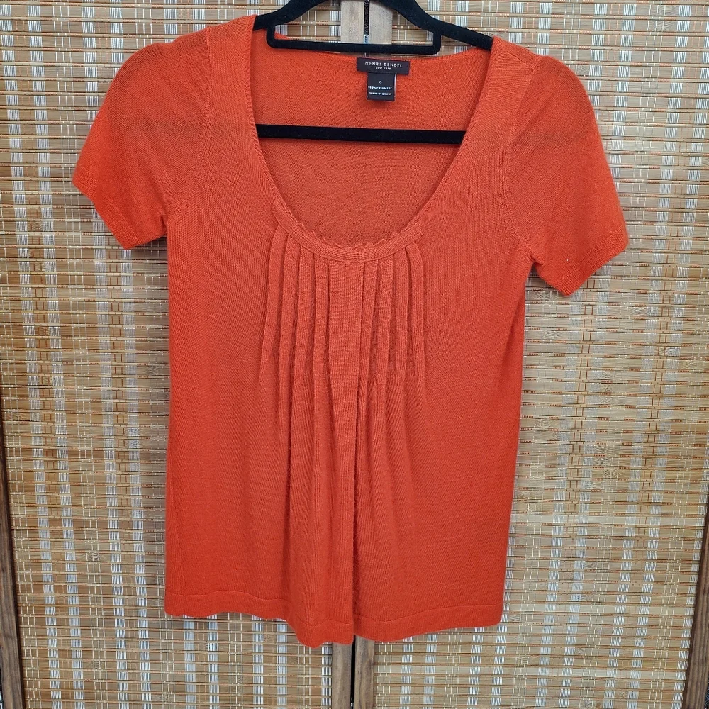 ♧ Henri Bendel Orange Cashmere Pleated Scoopneck Short Sleeve Sweater Size Small
